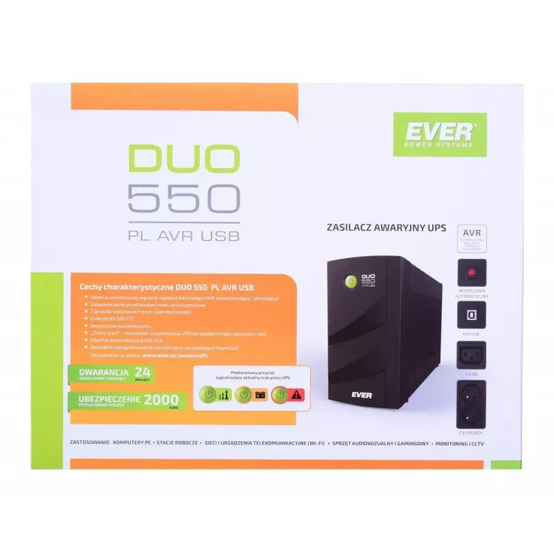 Nepārtrauktās barošanas bloks EVER DUO 550 PL AVR USB 550VA, 0,55 kVA / 330 W, Line-Interactive, 3×C13 kontaktligzdas, 12V 5Ah akumulators