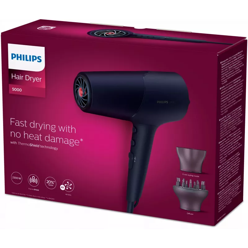 Matu žāvētājs Philips 5000 series BHD510/00, 2300 W, 6 karstuma/6 ātruma, jonizācija, aukstā gaisa padeve, koncentratora uzgalis un difuzors, tumši zils, 1,8 m vads