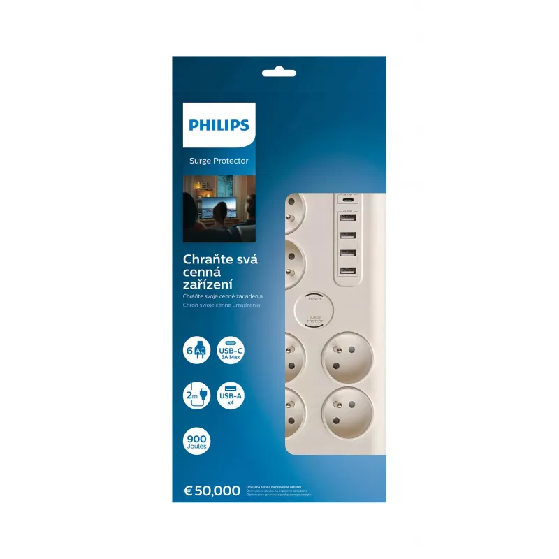 Philips SPN7060WA/60 pārsprieguma aizsargs balts 6 maiņstrāvas kontaktligzdas 2 m
