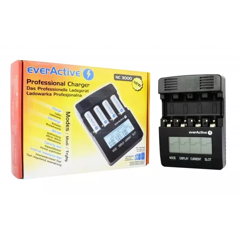 Bateriju lādētājs everActive NC-3000 — universāls lādētājs AA/AAA/C/D (4 šūnu) melns, 100–240V