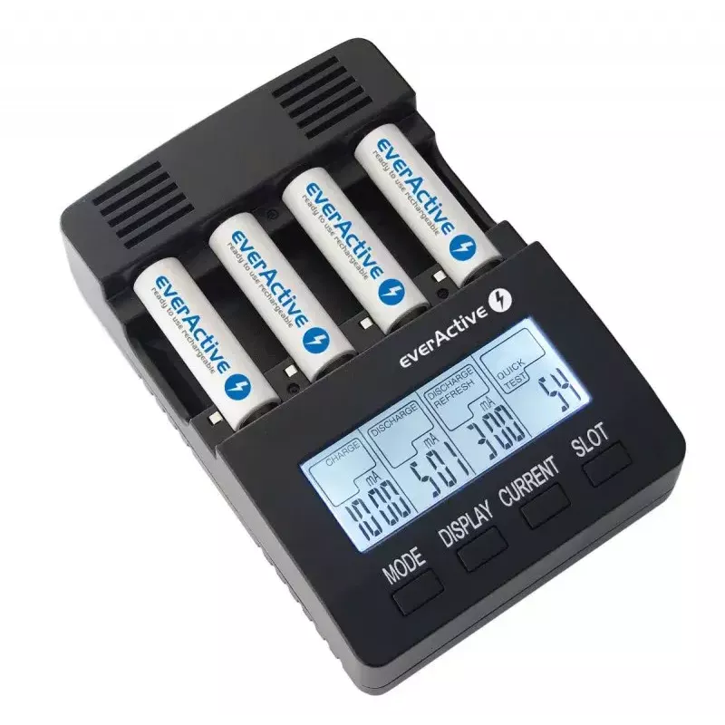 Bateriju lādētājs everActive NC-3000 — universāls lādētājs AA/AAA/C/D (4 šūnu) melns, 100–240V