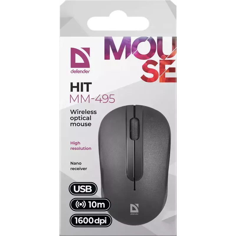 Bezvadu optiskā pele DEFENDER HIT MM-495 RF, abpusēja, 1600 DPI, USB RF uztvērējs, melna