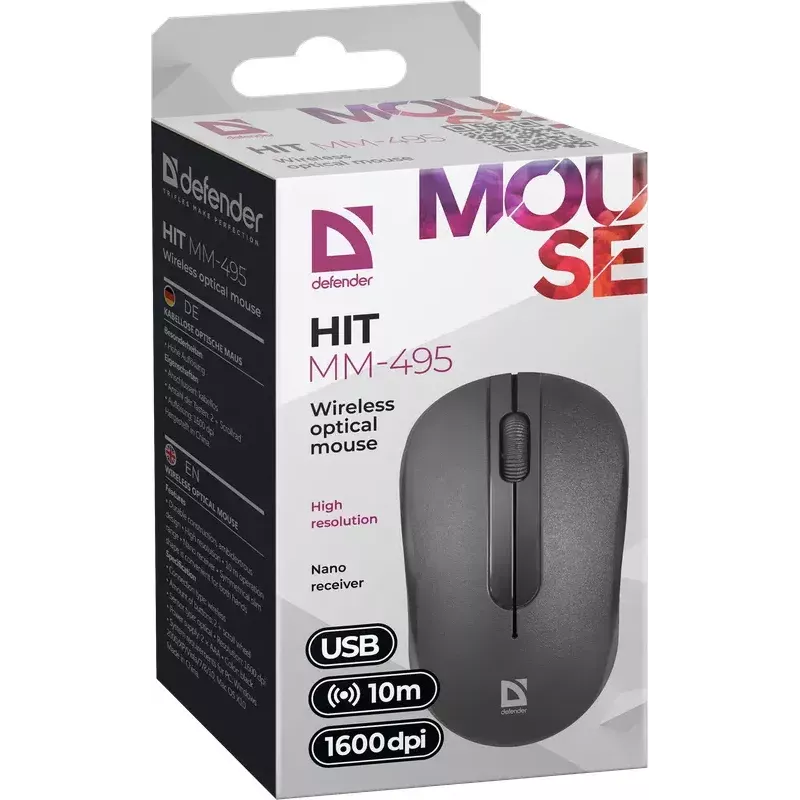 Bezvadu optiskā pele DEFENDER HIT MM-495 RF, abpusēja, 1600 DPI, USB RF uztvērējs, melna