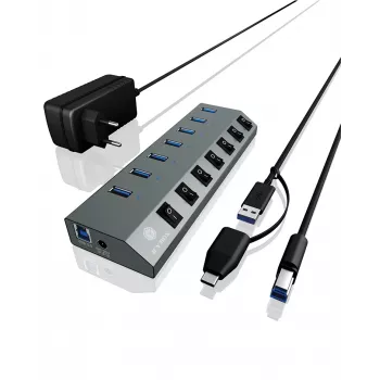 ICY BOX IB-HUB1701-C3 USB 3.2 Gen 1 (3.1 Gen 1) Type-B 5000 Mbit/s Antracīts