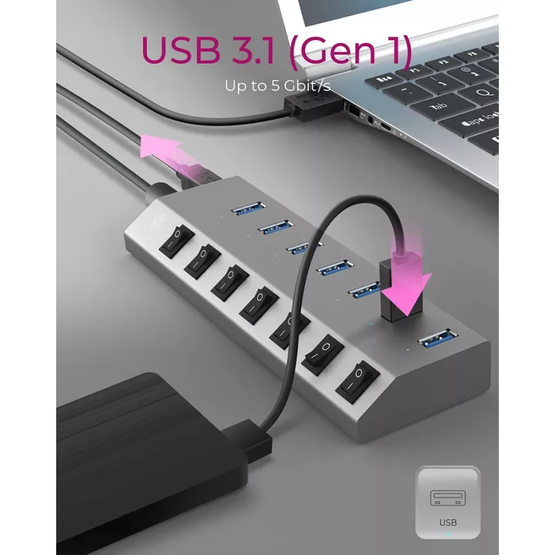 ICY BOX IB-HUB1701-C3 USB 3.2 Gen 1 (3.1 Gen 1) Type-B 5000 Mbit/s Antracīts
