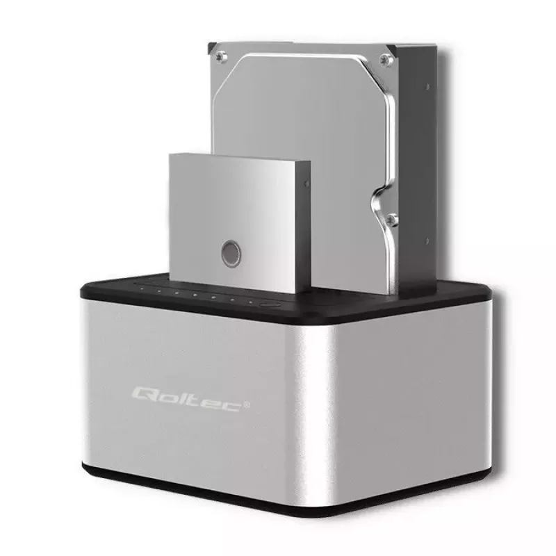 Dokstacija QOLTEC 5316 2x 2.5/3.5 collu HDD/SSD, SATA, USB 3.0 (5 Gb/s), alumīnija korpuss