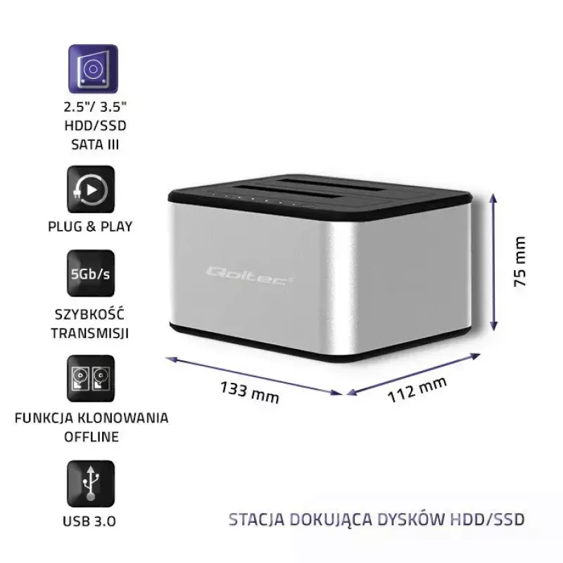Dokstacija QOLTEC 5316 2x 2.5/3.5 collu HDD/SSD, SATA, USB 3.0 (5 Gb/s), alumīnija korpuss
