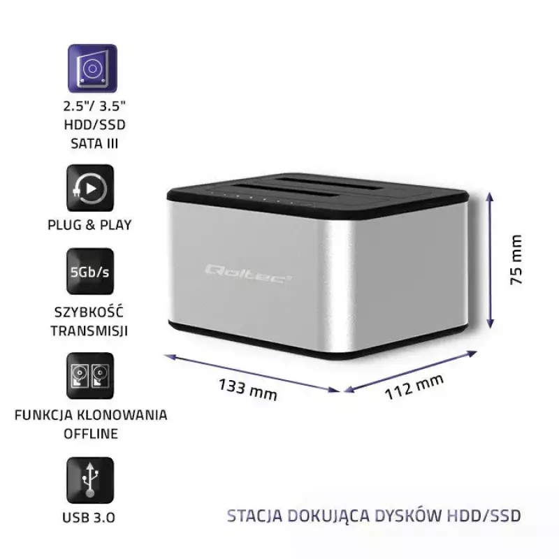 Dokstacija QOLTEC 5316 2x 2.5/3.5 collu HDD/SSD, SATA, USB 3.0 (5 Gb/s), alumīnija korpuss