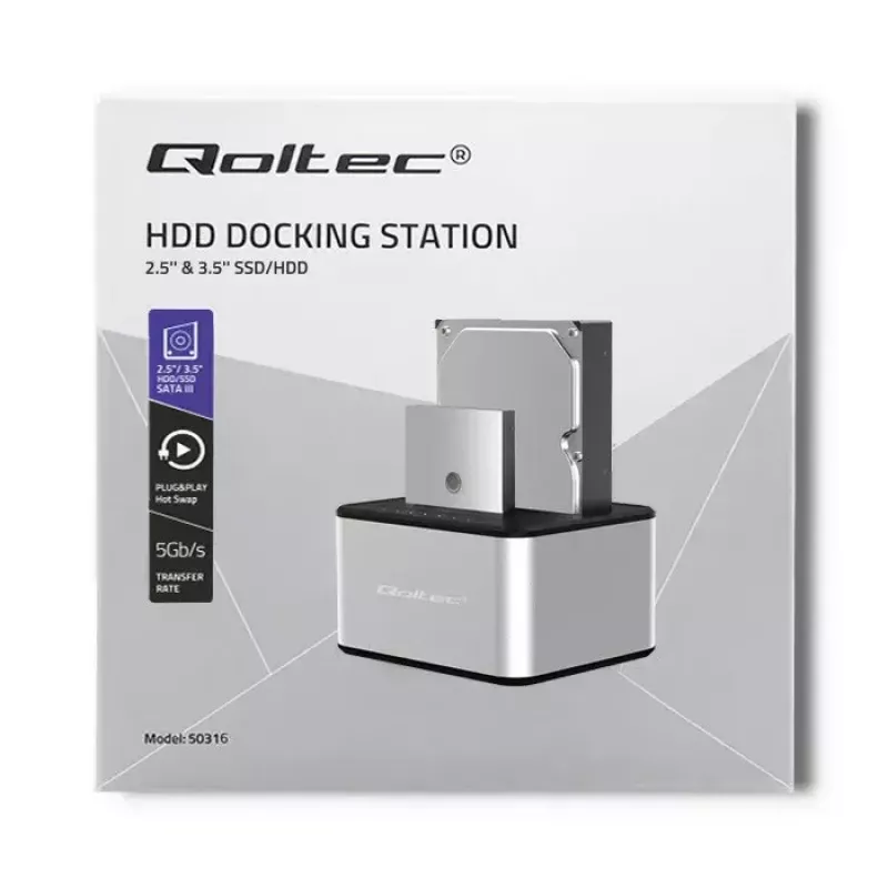 Dokstacija QOLTEC 5316 2x 2.5/3.5 collu HDD/SSD, SATA, USB 3.0 (5 Gb/s), alumīnija korpuss