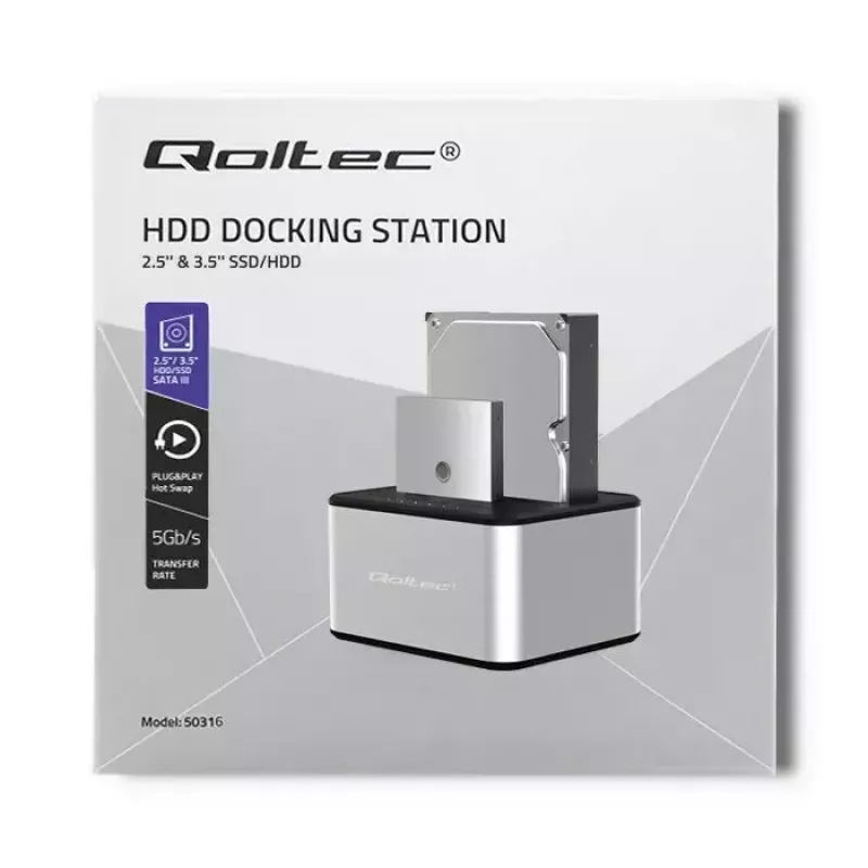 Dokstacija QOLTEC 5316 2x 2.5/3.5 collu HDD/SSD, SATA, USB 3.0 (5 Gb/s), alumīnija korpuss