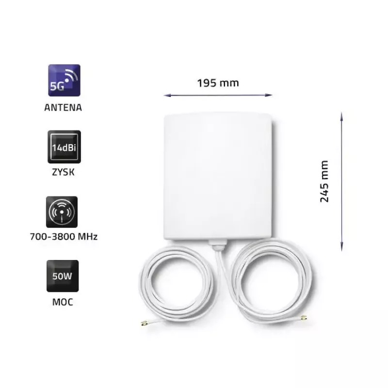 Āra virziena 5G LTE antena QOLTEC 57022 — 14 dBi, 700–3800 MHz, 50 Ω, vara korpuss