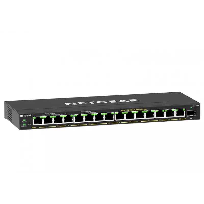 NETGEAR GS316EP-100PES tīkla slēdzis Pārvaldīts Gigabit Ethernet (10/100/1000) Power over Ethernet (PoE) Melns