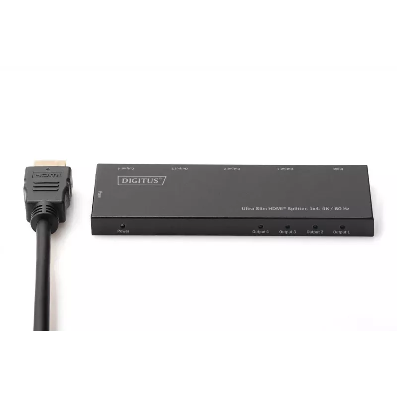 DIGITUS Ultra Slim HDMI Sadalītājs, 1x4, 4K/60Hz HDR, HDCP 2.2, 18 Gbps, Micro USB barošana