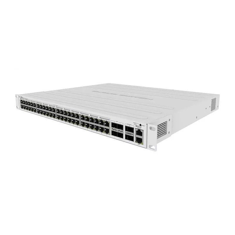 Pārvaldāms L3 slēdzis MikroTik CRS354-48P-4S+2Q+RM — 48× Gigabit RJ-45, 4× SFP+, 2× QSFP+, 48 PoE porti