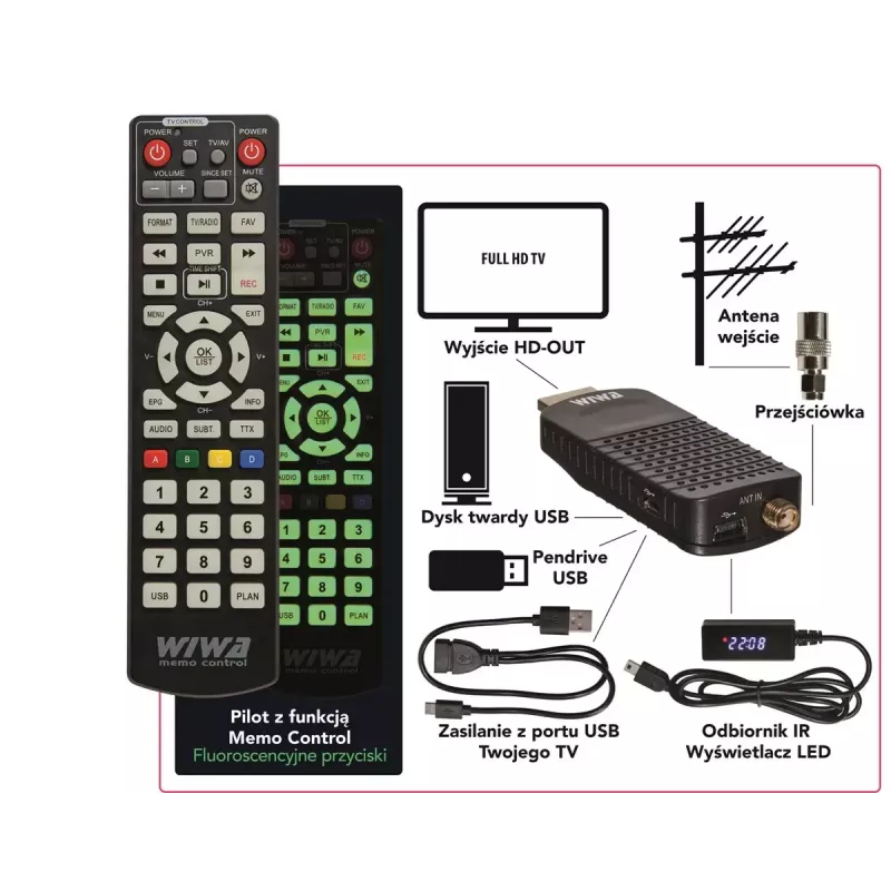 DVB-T/DVB-T2 uztvērējs WIWA H.265 MINI — H.265 HD digitālais virszemes uztvērējs, Full HD, HDMI, USB, 5V/1.5A