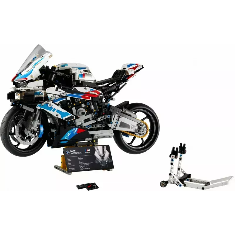 LEGO Technic motocikla modelis BMW M1000RR 42130 ar detalizētu dzinēju un strādājošu balstiekārtu