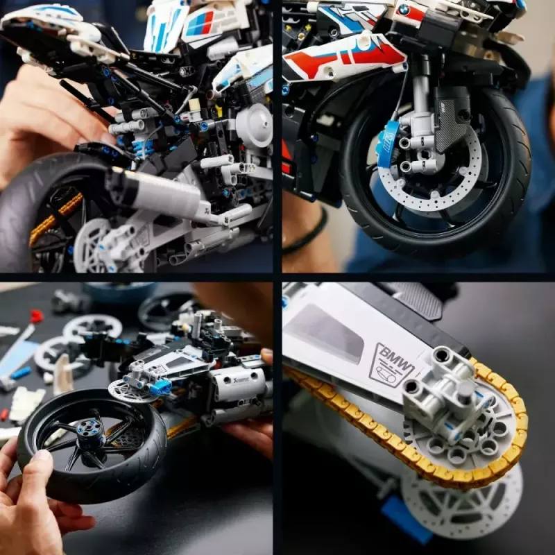 LEGO Technic motocikla modelis BMW M1000RR 42130 ar detalizētu dzinēju un strādājošu balstiekārtu