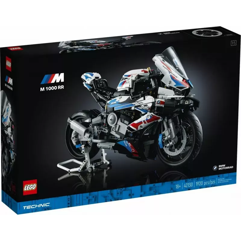 LEGO Technic motocikla modelis BMW M1000RR 42130 ar detalizētu dzinēju un strādājošu balstiekārtu