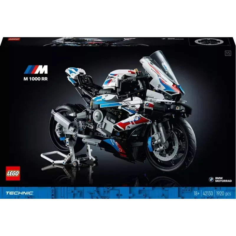 LEGO Technic motocikla modelis BMW M1000RR 42130 ar detalizētu dzinēju un strādājošu balstiekārtu