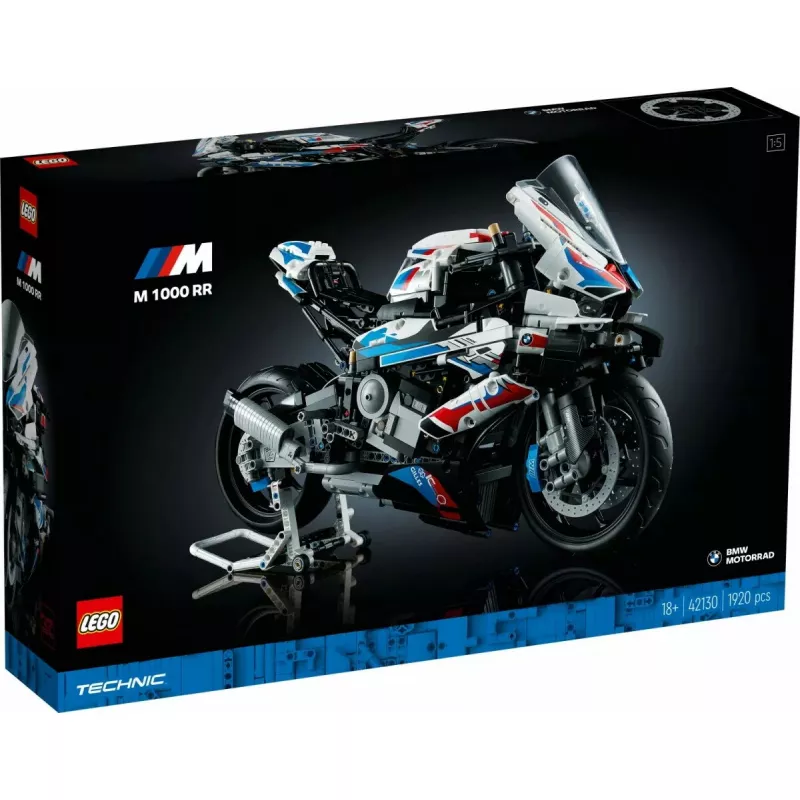 LEGO Technic motocikla modelis BMW M1000RR 42130 ar detalizētu dzinēju un strādājošu balstiekārtu