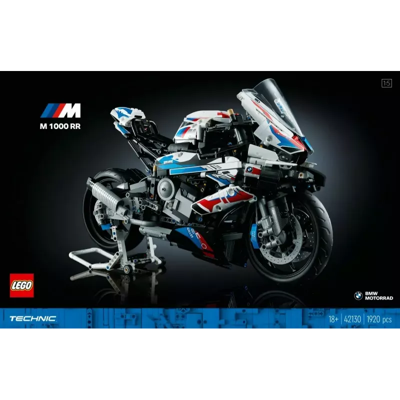 LEGO Technic motocikla modelis BMW M1000RR 42130 ar detalizētu dzinēju un strādājošu balstiekārtu