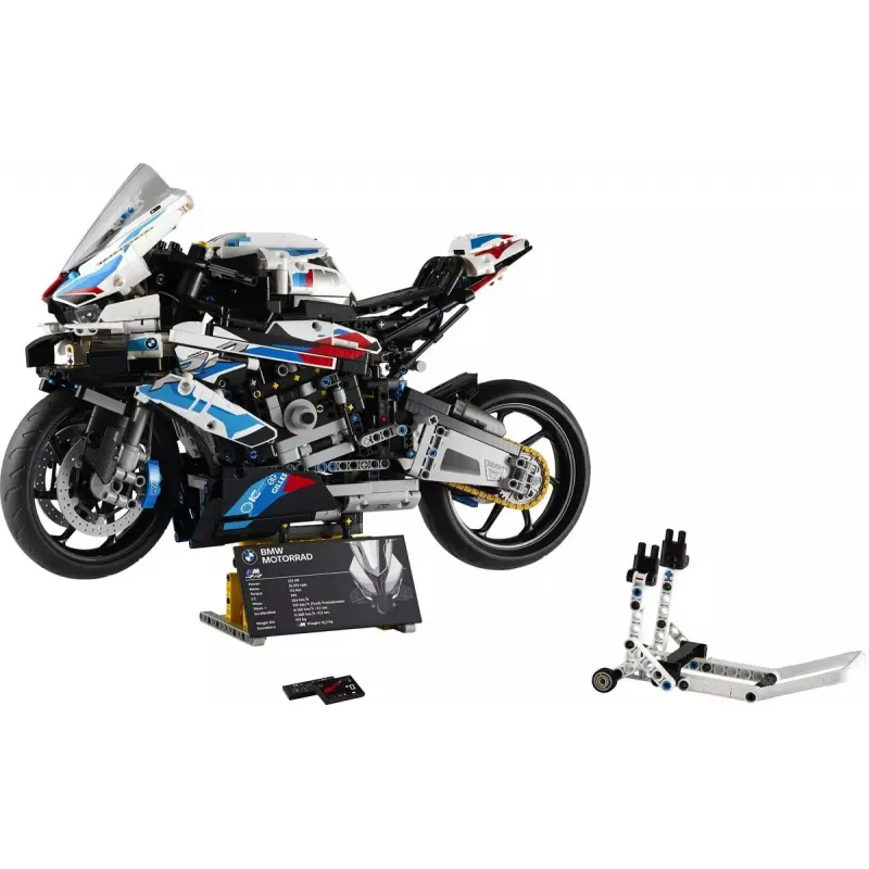 LEGO Technic motocikla modelis BMW M1000RR 42130 ar detalizētu dzinēju un strādājošu balstiekārtu