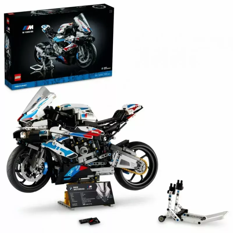 LEGO Technic motocikla modelis BMW M1000RR 42130 ar detalizētu dzinēju un strādājošu balstiekārtu