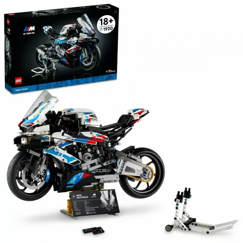 LEGO Technic motocikla modelis BMW M1000RR 42130 ar detalizētu dzinēju un strādājošu balstiekārtu