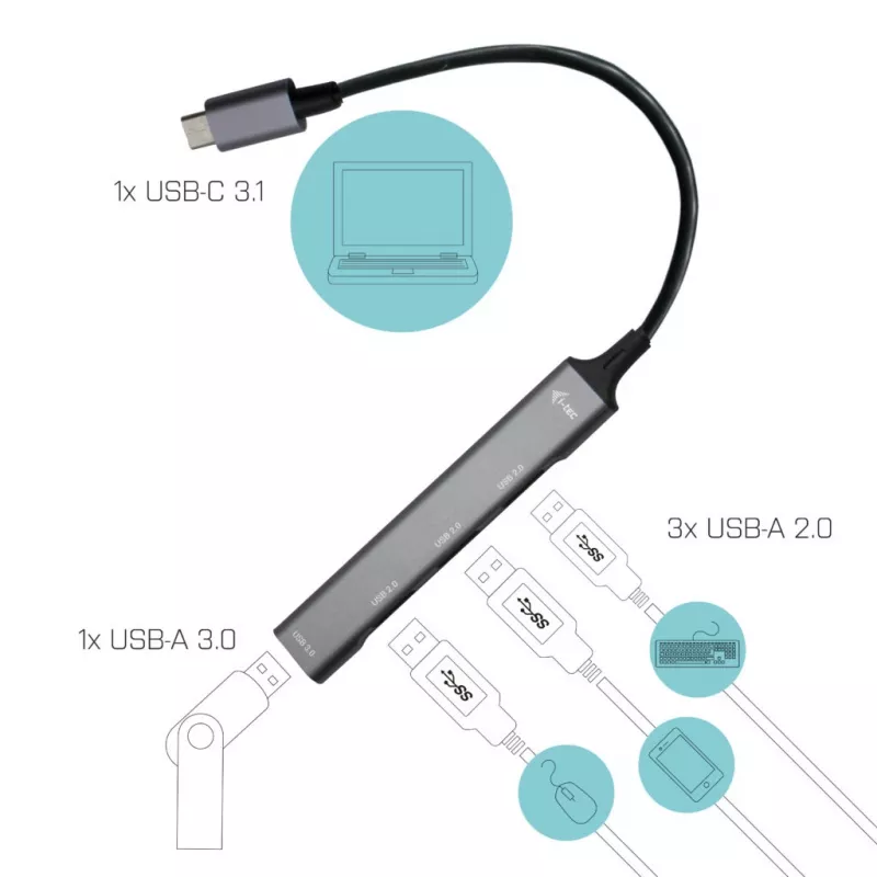 i-tec Metal USB-C HUB 1x USB 3.0 + 3x USB 2.0, USB 3.2 Gen 1 (3.1 Gen 1) Type-C, USB 2.0, USB 3.2 Gen 1 (3.1 Gen 1) Type-A, metālisks, metāls, 0,19 m, Android