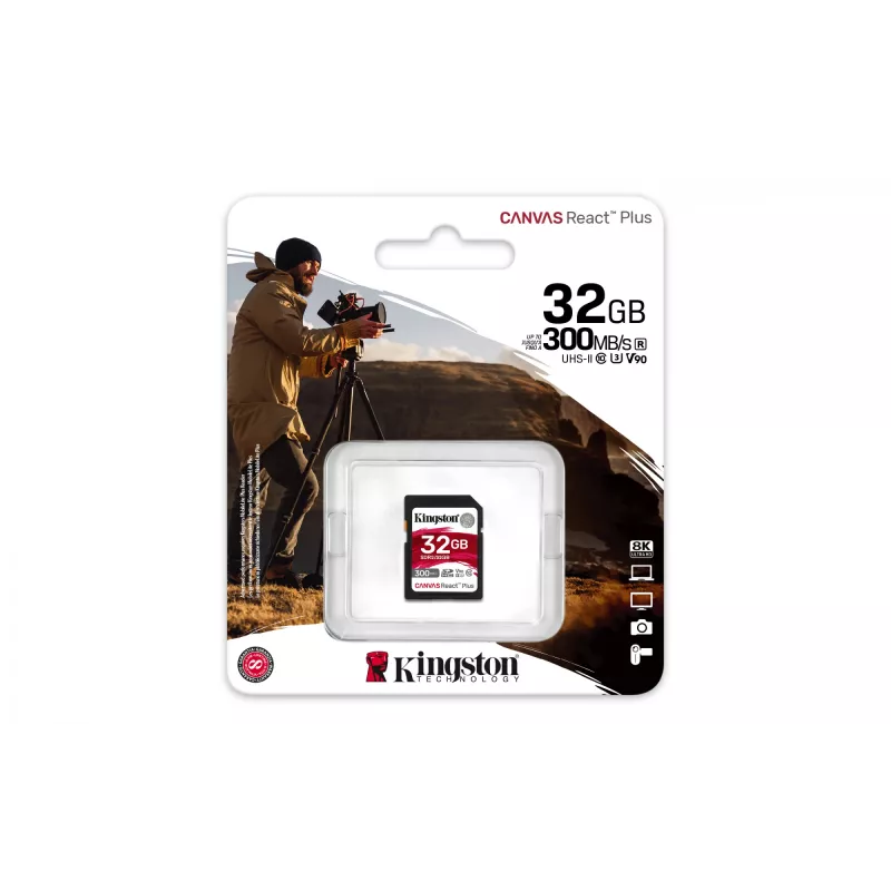 Kingston Technology 32GB Canvas React Plus SDHC UHS-II 300R/260W U3 V90 Full HD/4K/8K