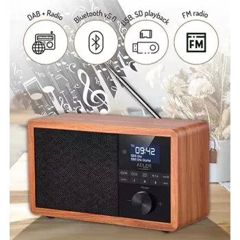 Pārnēsājamais radio Adler AD 1184 ar DAB+/FM/AM digitālo uztvērēju, Bluetooth 5.0, 15W, SD/USB, modinātājpulksteni, melns/koks