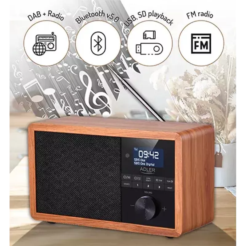 Pārnēsājamais radio Adler AD 1184 ar DAB+/FM/AM digitālo uztvērēju, Bluetooth 5.0, 15W, SD/USB, modinātājpulksteni, melns/koks