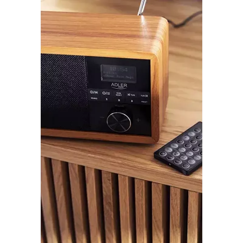Pārnēsājamais radio Adler AD 1184 ar DAB+/FM/AM digitālo uztvērēju, Bluetooth 5.0, 15W, SD/USB, modinātājpulksteni, melns/koks