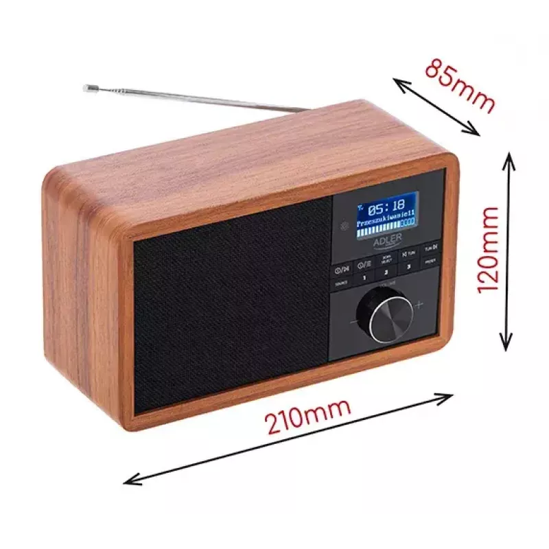 Pārnēsājamais radio Adler AD 1184 ar DAB+/FM/AM digitālo uztvērēju, Bluetooth 5.0, 15W, SD/USB, modinātājpulksteni, melns/koks
