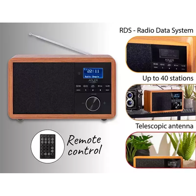 Pārnēsājamais radio Adler AD 1184 ar DAB+/FM/AM digitālo uztvērēju, Bluetooth 5.0, 15W, SD/USB, modinātājpulksteni, melns/koks