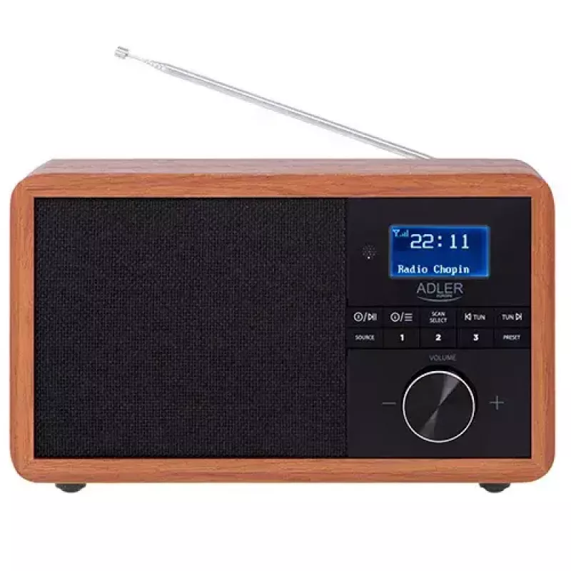Pārnēsājamais radio Adler AD 1184 ar DAB+/FM/AM digitālo uztvērēju, Bluetooth 5.0, 15W, SD/USB, modinātājpulksteni, melns/koks
