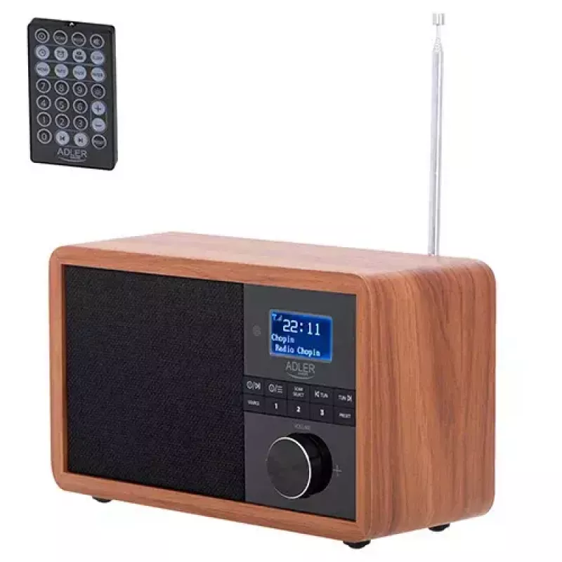 Pārnēsājamais radio Adler AD 1184 ar DAB+/FM/AM digitālo uztvērēju, Bluetooth 5.0, 15W, SD/USB, modinātājpulksteni, melns/koks
