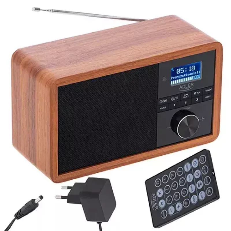 Pārnēsājamais radio Adler AD 1184 ar DAB+/FM/AM digitālo uztvērēju, Bluetooth 5.0, 15W, SD/USB, modinātājpulksteni, melns/koks