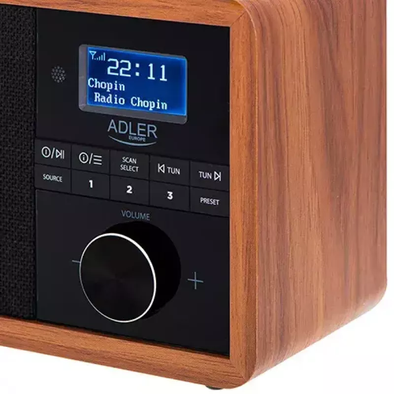 Pārnēsājamais radio Adler AD 1184 ar DAB+/FM/AM digitālo uztvērēju, Bluetooth 5.0, 15W, SD/USB, modinātājpulksteni, melns/koks