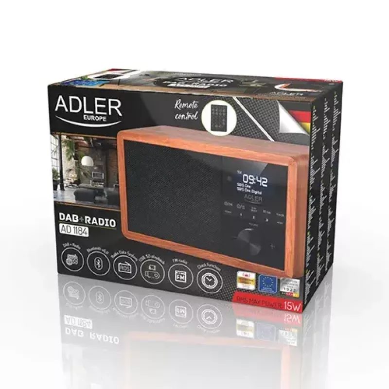 Pārnēsājamais radio Adler AD 1184 ar DAB+/FM/AM digitālo uztvērēju, Bluetooth 5.0, 15W, SD/USB, modinātājpulksteni, melns/koks