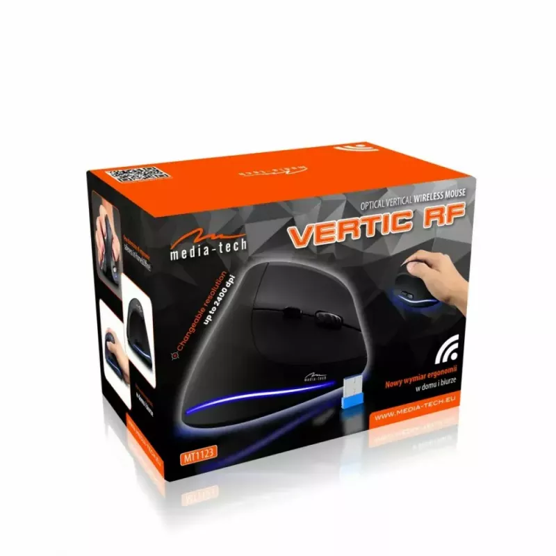 Bezvadu vertikālā pele MEDIA-TECH MT1123, melna, 2400 DPI, 5 pogas, RF USB uztvērējs