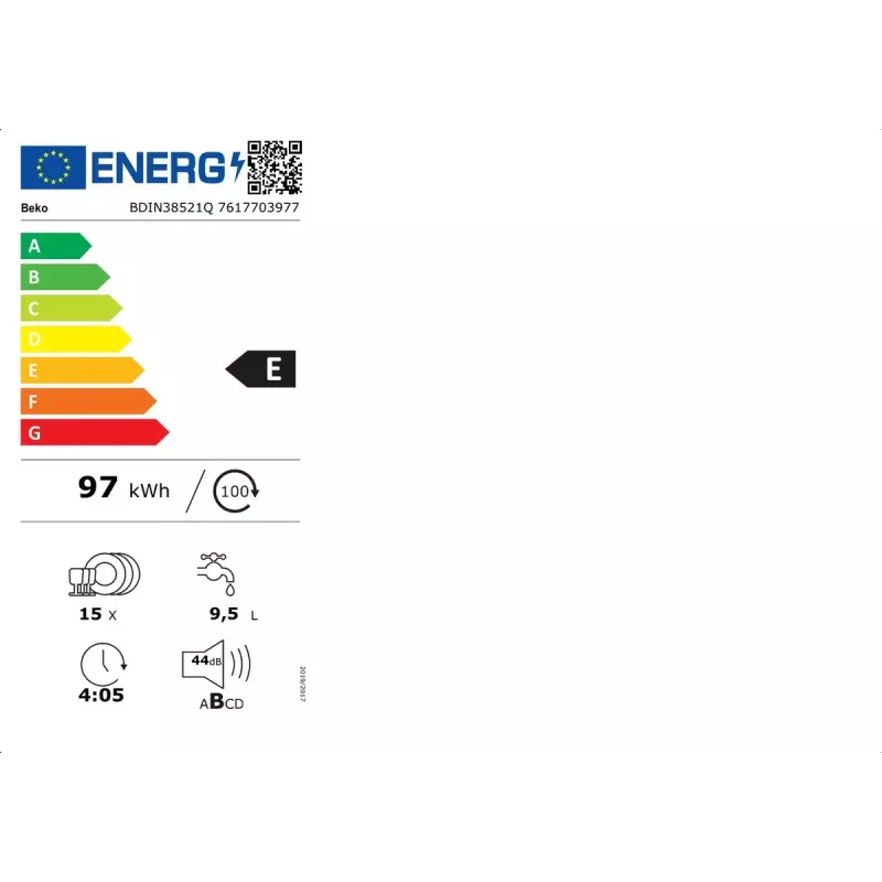 Beko BDIN38521Q pilnībā iebūvējama trauku mazgājamā mašīna, 15 komplekti, 44 dB