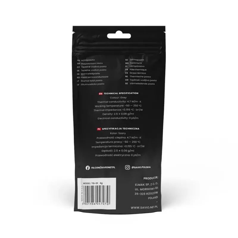 Termopasta SAVIO TG-01, 4.7 W/m·K, 10 g, blīvums 2,5 g/cm³, darba temperatūra −50–250 °C