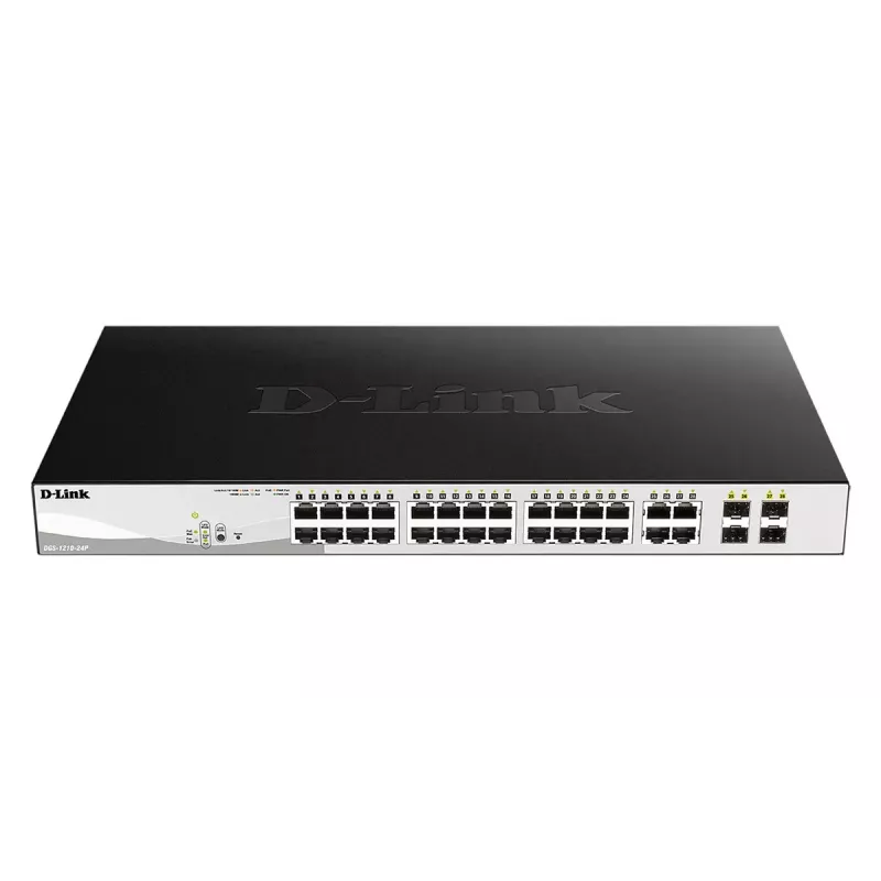 Pārvaldāms L2 gigabitu PoE komutators D-Link DGS-1210-24P — 24x 10/100/1000 RJ-45, IEEE 802.3af/at, 56 Gbit/s, 19 collu plaukta montējams, melns