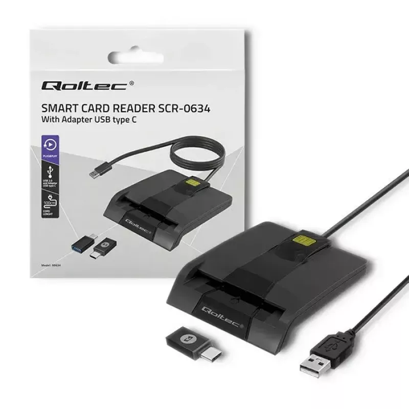 Karšu lasītājs QOLTEC 50634 USB Type-C, ABS korpuss, 90×69 mm, 1,0 m kabelis, melns
