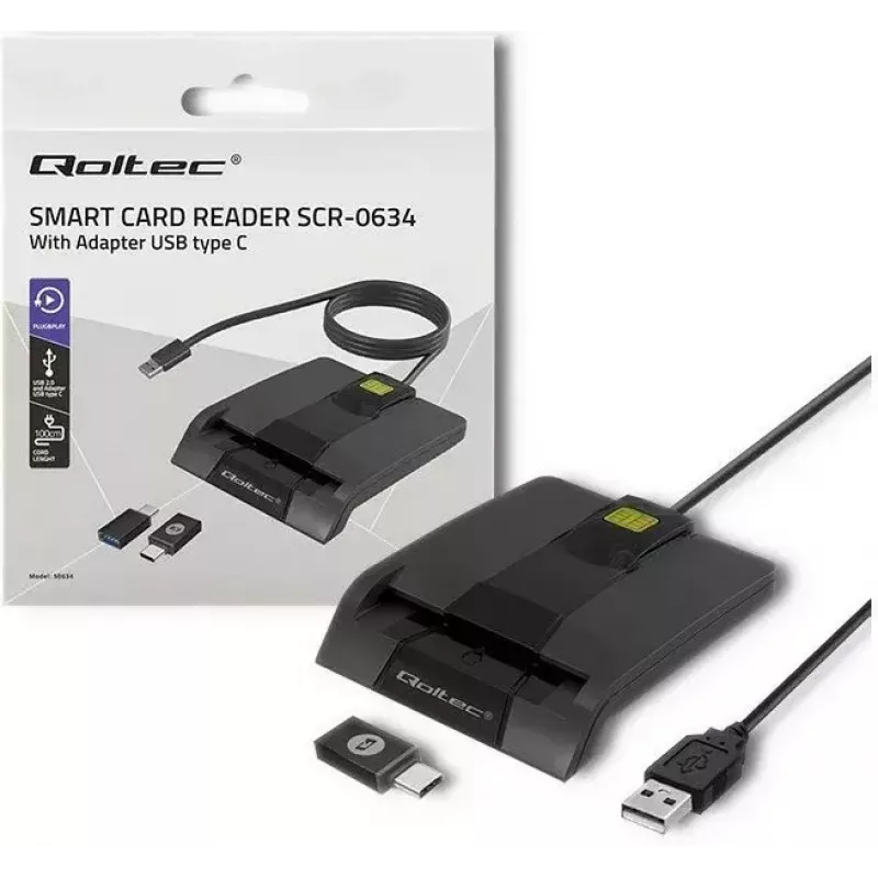 Karšu lasītājs QOLTEC 50634 USB Type-C, ABS korpuss, 90×69 mm, 1,0 m kabelis, melns
