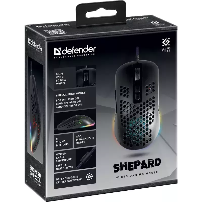 Gaming pele DEFENDER SHEPARD GM-620L — optiskā, ambidekstrāla/labā roka, līdz 12800 DPI, 6–7 pogas, USB Type-A, melna, 1,7 m kabelis
