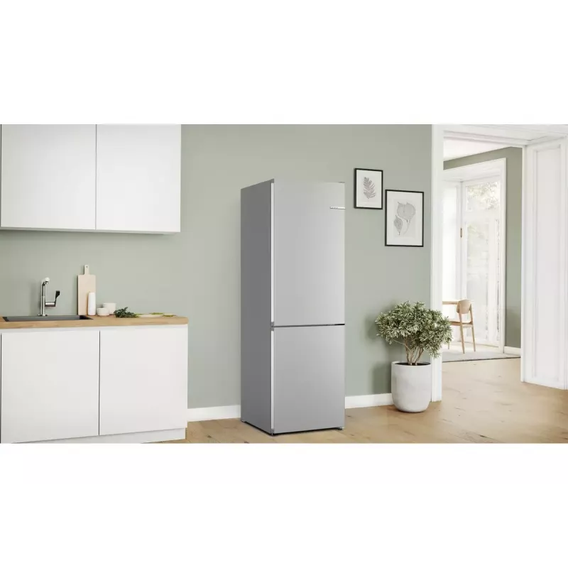 Ledusskapis-saldētājs Bosch Serie 4 KGN362IDF, brīvi stāvošs, 321 L kopējā tilpumā (218 L ledusskapis / 103 L saldētava), nerūsējošais tērauds, apakšējā saldētava