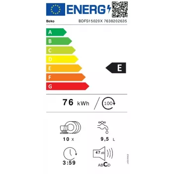 Šaurā trauku mazgājamā mašīna Beko BDFS15020X, 10 trauku komplekti, 45 cm, 47 dB, 5 programmas, invertora motors