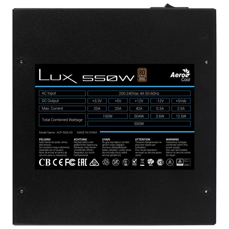 Aerocool LUX 550W barošanas bloks 20+4 kontaktu ATX ATX Melns